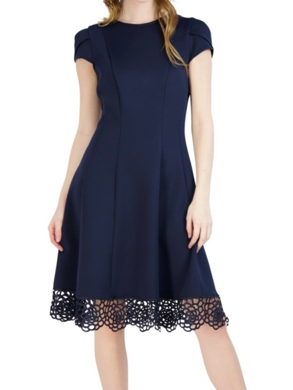 Donna Ricco Navy Blue Lace-Hem Fit & Flare Dress Size 10